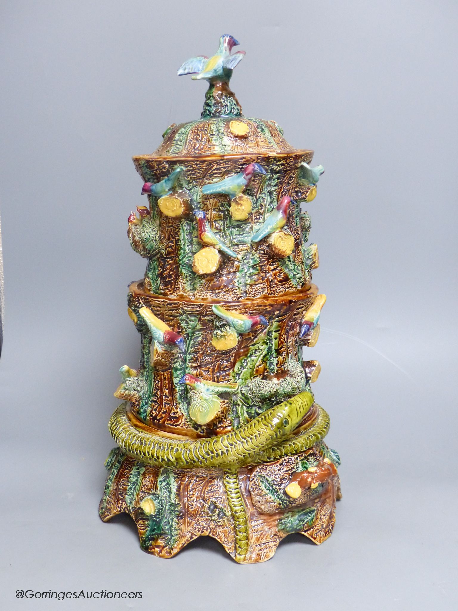 A Palissy style sectional pot pourri, signed Edward Coates, height 45cm